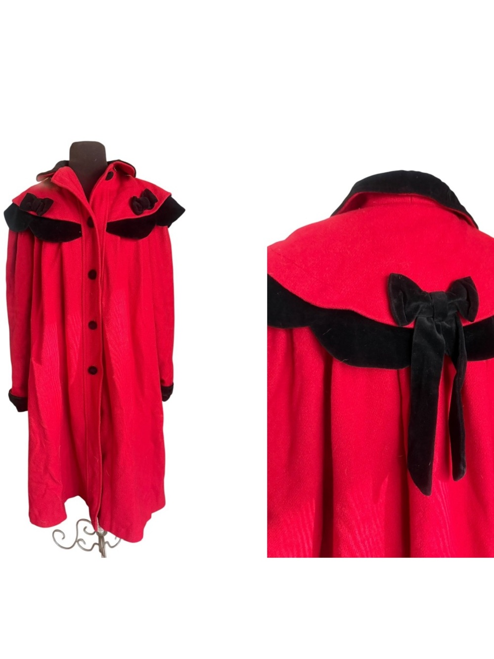Vintage 80s Red Wool Blend Relaxed Coat Velvet Bow Cape Collar Size XL Coquette